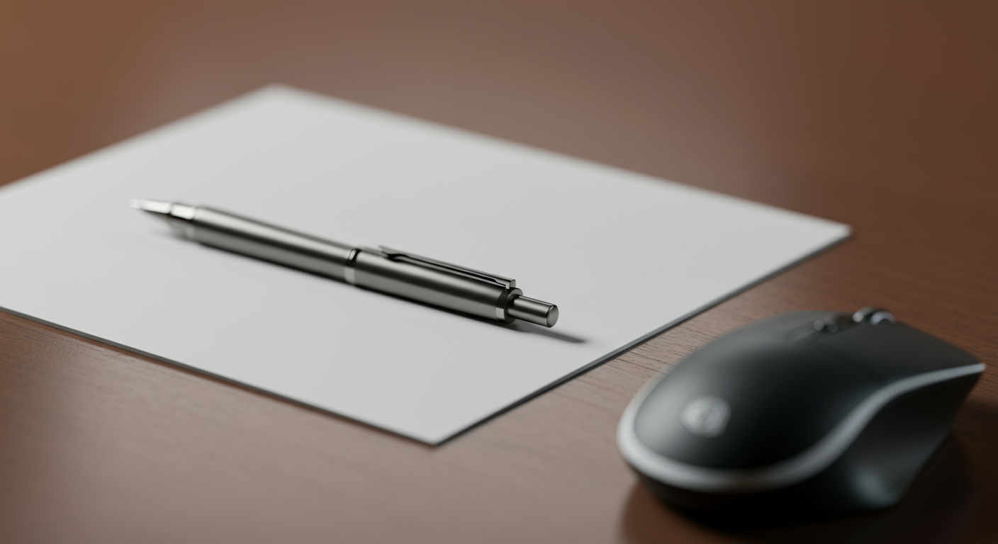 Black pen on a blank sheet of paper next to a computer mouse on a wooden surface.