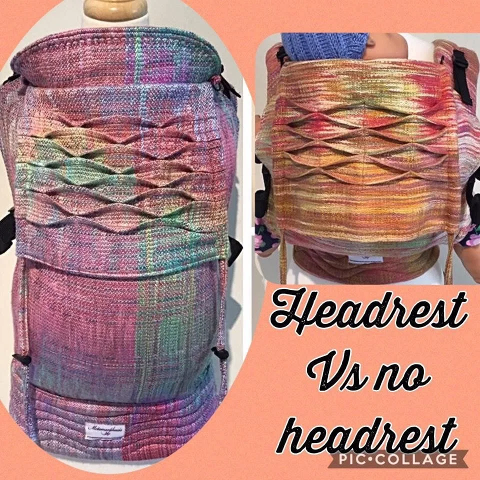 Two images comparing a camera carrier with a headrest to one without a headrest. The carrier has colorful, textured fabric, with the left image showing a headrest attached and the right showing it removed. The text says, 'Headrest Vs no headrest.'