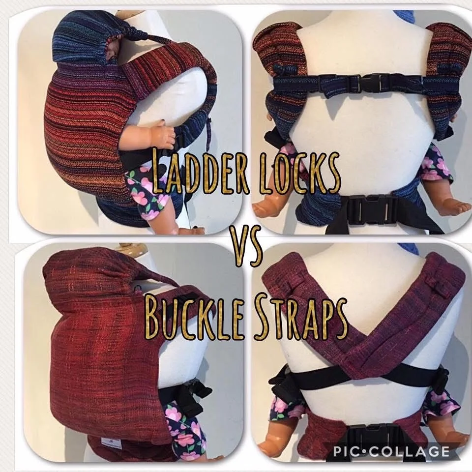 Comparison of baby carrier accessories with ladder locks and buckle straps, shown on a mannequin with a baby mannequin inside. The top left and bottom left images display carriers with ladder locks, while the top right and bottom right show carriers 