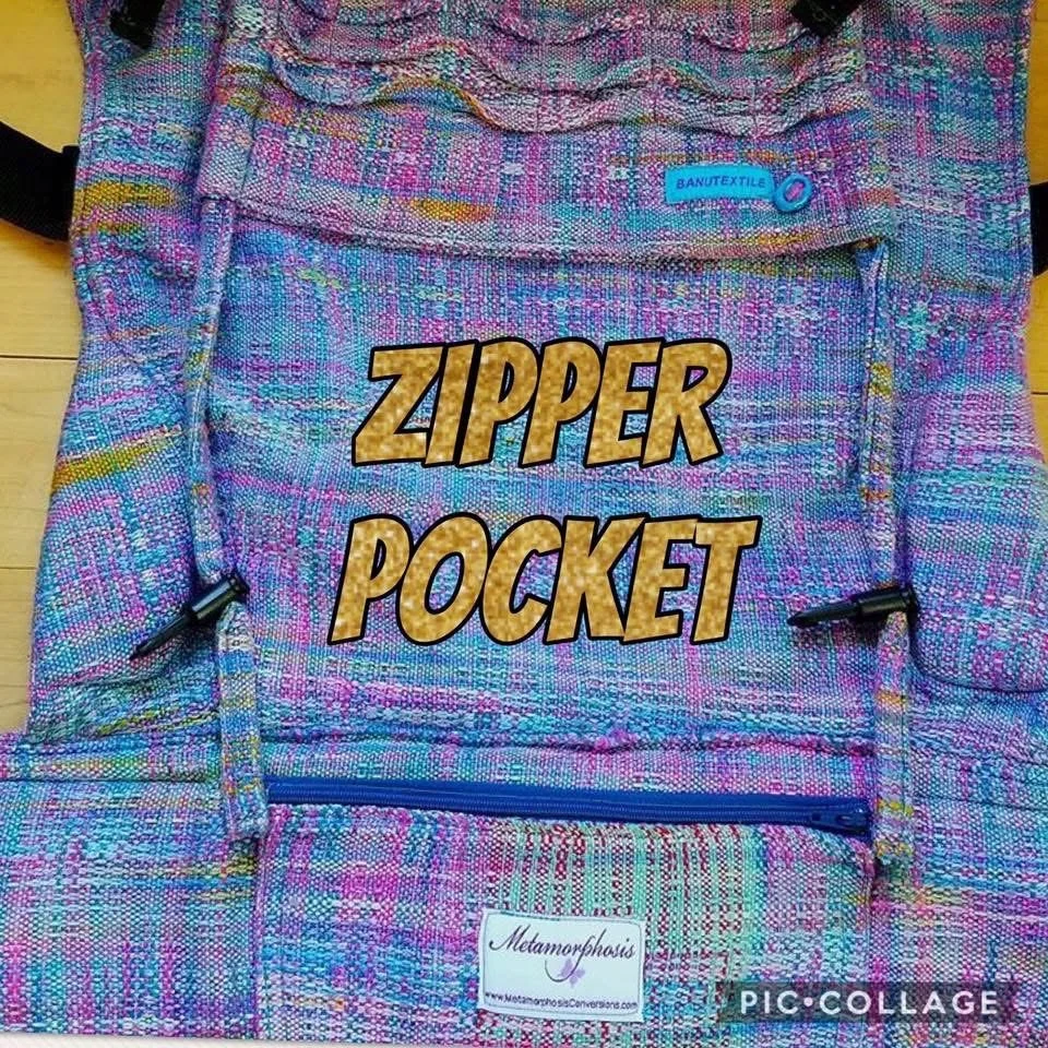 Colorful woven backpack with a zipper pocket, labeled 'Zipper Pocket' in large text, and a small label reading 'Metamorphosis' at the bottom.