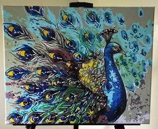 Painting of a peacock with its feathers fanned out, featuring blue, green, and yellow colors.