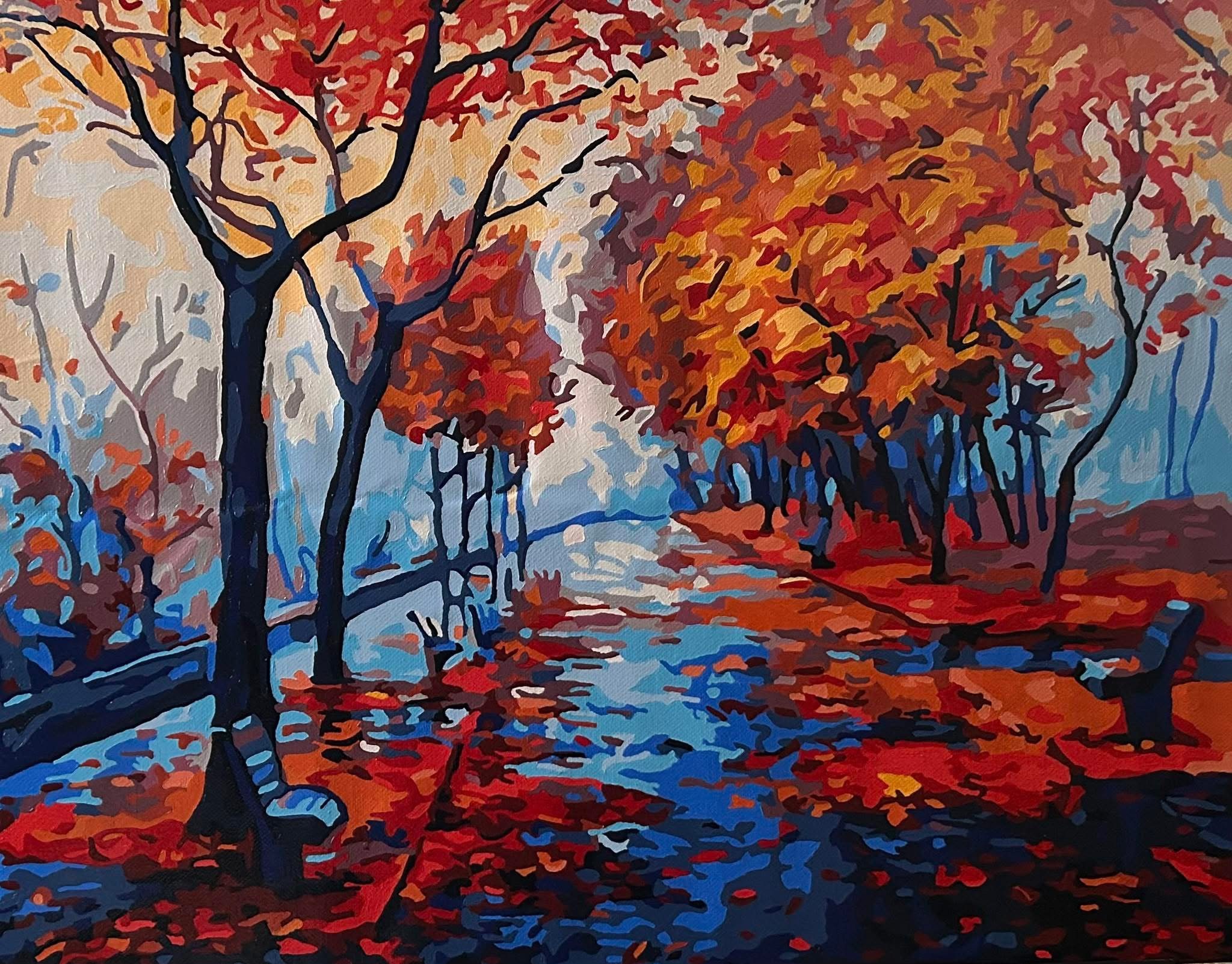 An impressionist style painting of a park pathway lined with trees displaying autumn foliage in shades of red, orange, and yellow, with blue and purple shadows on the ground.