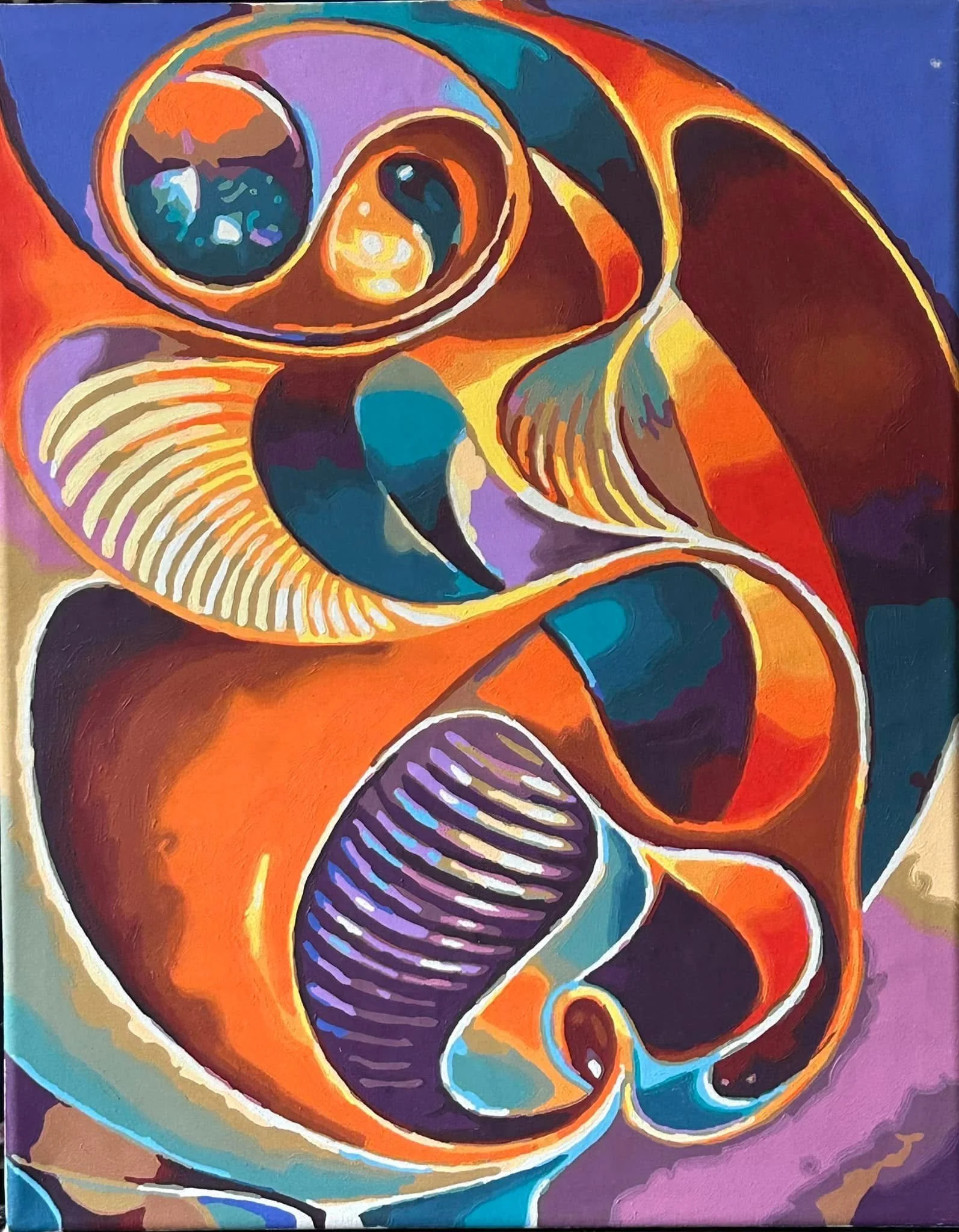 Abstract colorful painting with swirling shapes in shades of orange, purple, blue, and black.