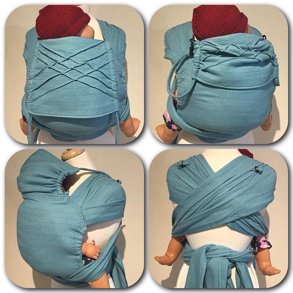 A baby wearing a red knit hat sitting in a blue wrap sling carrier, shown from four angles, with a plain beige background.