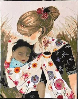A girl with brown hair tied up with a red accessory, resting her head on a girl with dark skin and curly hair. The girl with dark skin is lying on grass, wearing a blue face mask and a floral dress. The scene has a warm, natural background.