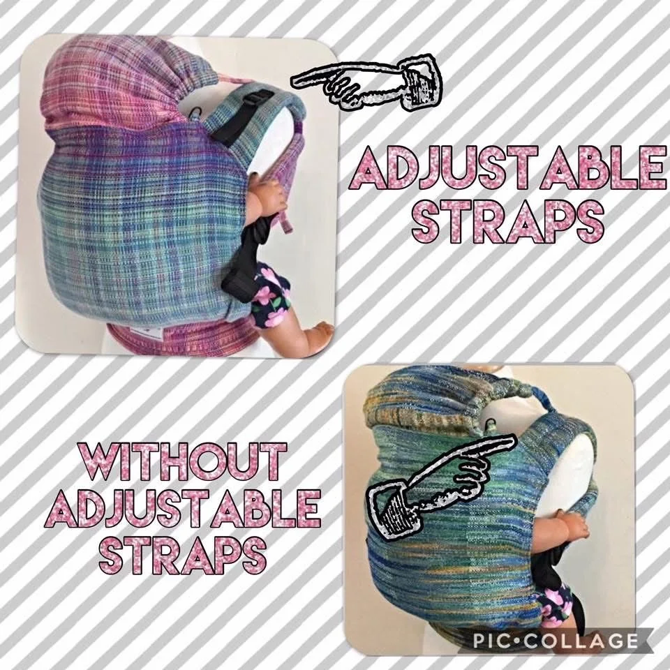 Comparison of a baby carrier with and without adjustable straps, showing how adjustable straps improve fit.