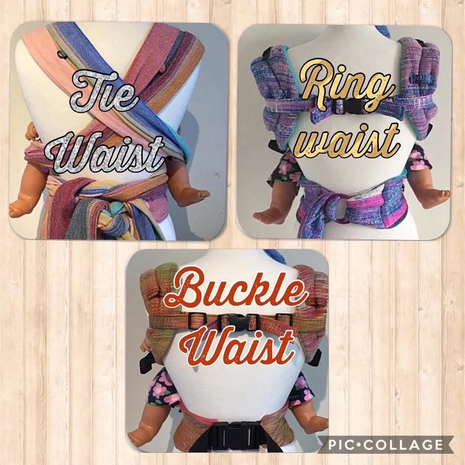 Three different baby carriers on a mannequin, each with a label indicating the type: "Tie Waist," "Ring Waist," and "Buckle Waist."