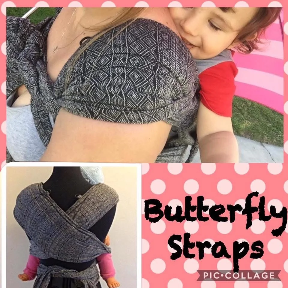 A woman and a child using a wrap-around baby carrier with a butterfly pattern. The woman is holding the child, and the background shows a pink and white striped wall. The collage has the text 'Butterfly Straps' on a pink polka dot background.