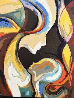 Abstract painting with swirling shapes and bold colors including yellow, blue, black, brown, and white.