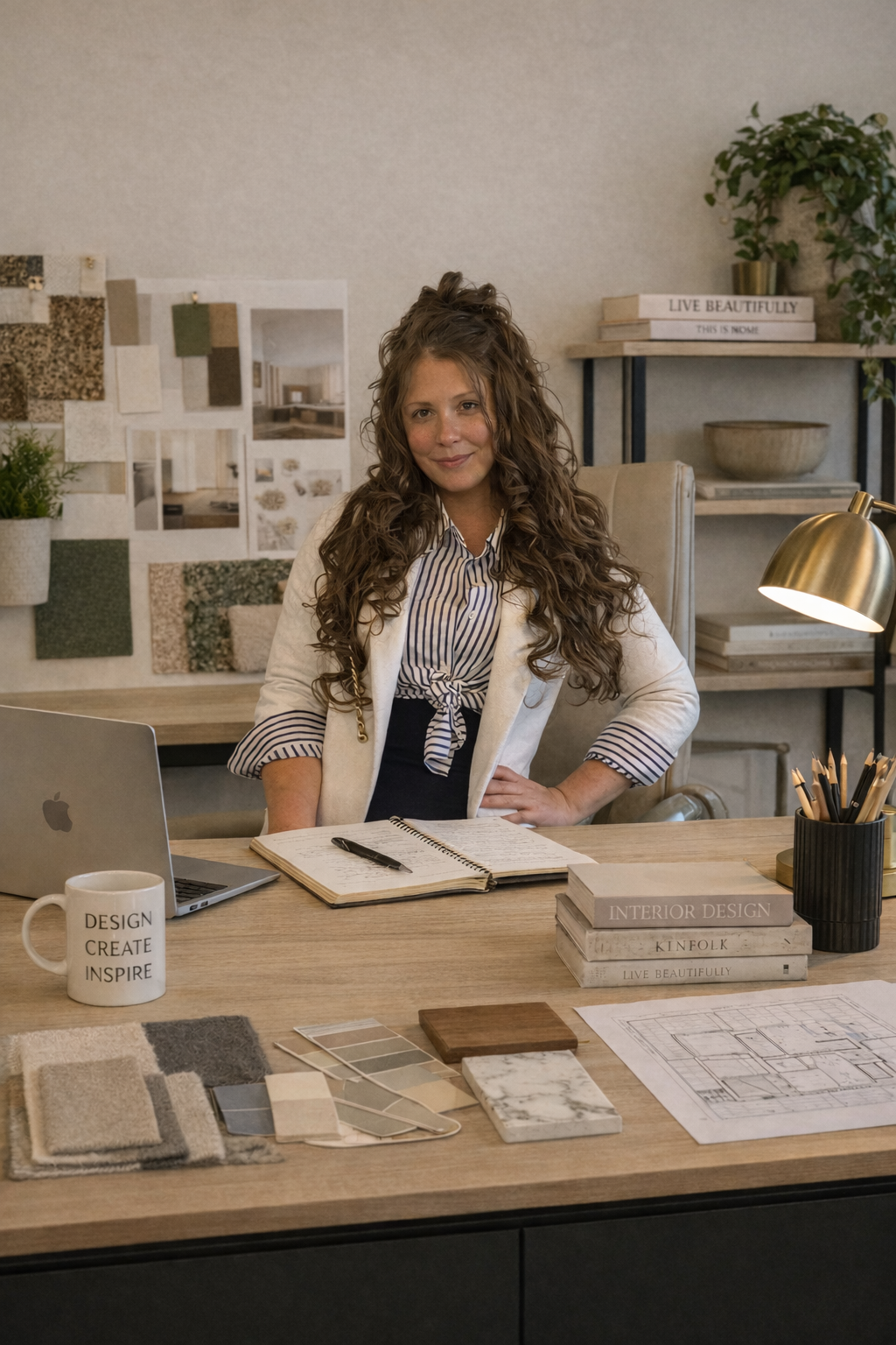 A woman sitting at a wooden desk in an interior design office, with samples and design plans on the table, a laptop, a coffee mug, and a desk lamp.