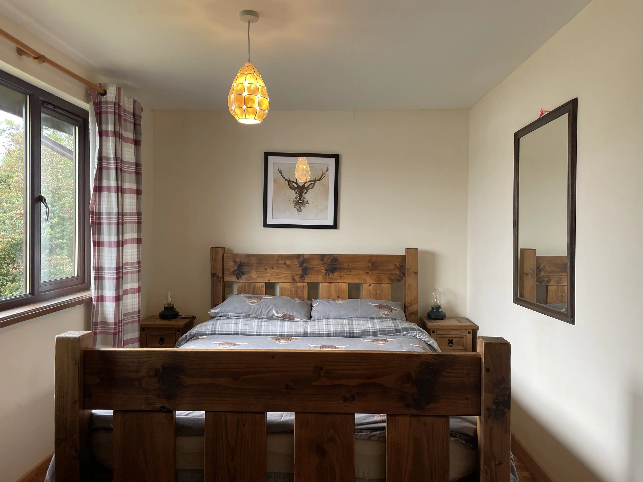 A bedroom with a wooden bed frame, grey checkered bedding, two bedside tables with lamps, a window with red and white plaid curtains, a framed deer artwork, a ceiling light, and a wall mirror.
