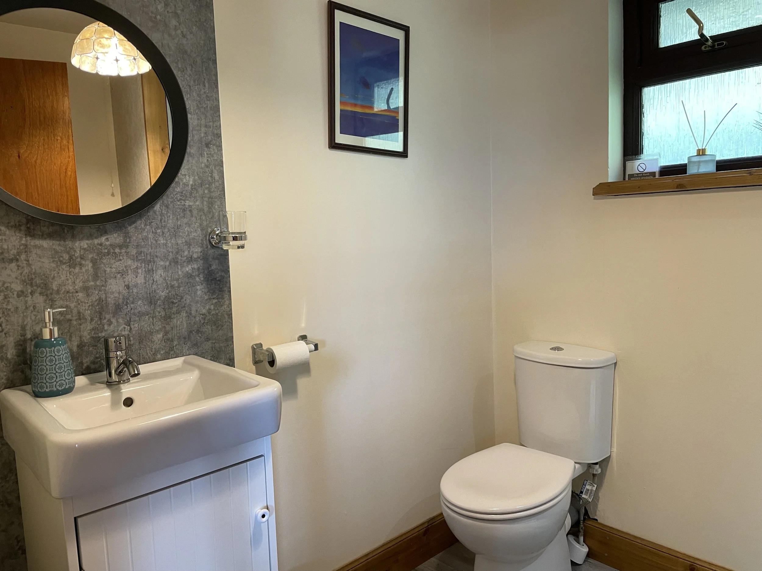A small bathroom with a white toilet, a white sink with a cabinet, a wall mirror, a framed picture, a small window with frosted glass, and a wooden trim