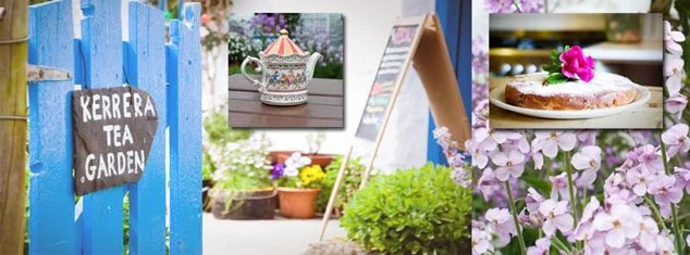 A collage of images including a blue fence with a sign that says 'Kerrera Tea Garden,' a teapot, a chalkboard sign, a plate of food with a pink flower, and pink and white flowering plants.