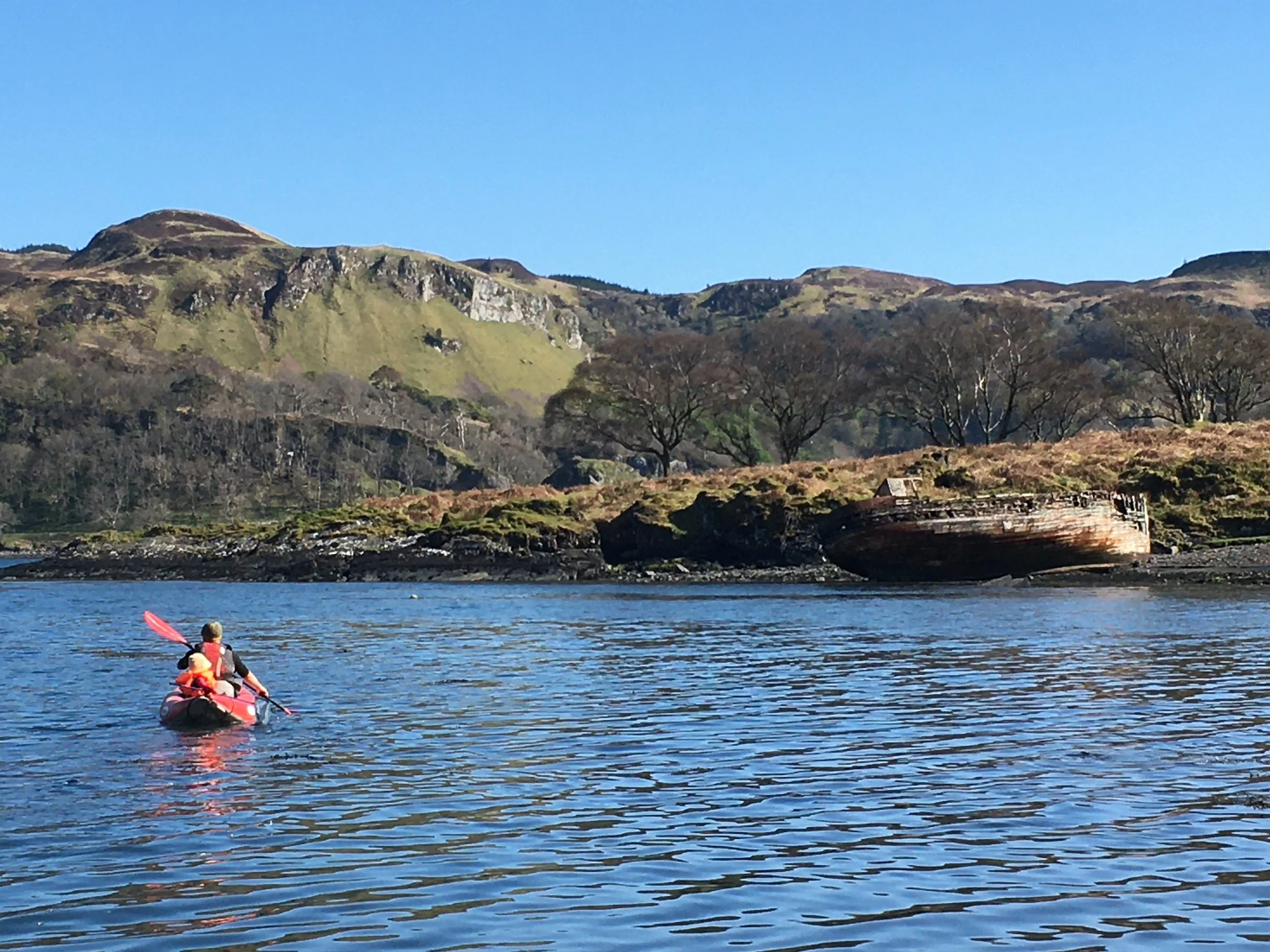 A person kayaking on a calm body of water with mountains and trees in the background, along with a submerged and rusted shipwreck on the shore.