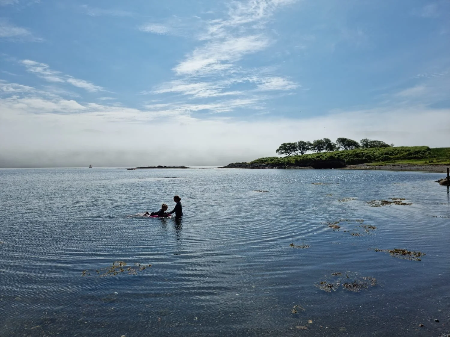 Two children playing in the water near a coastal shoreline with trees in the background under a partly cloudy sky.