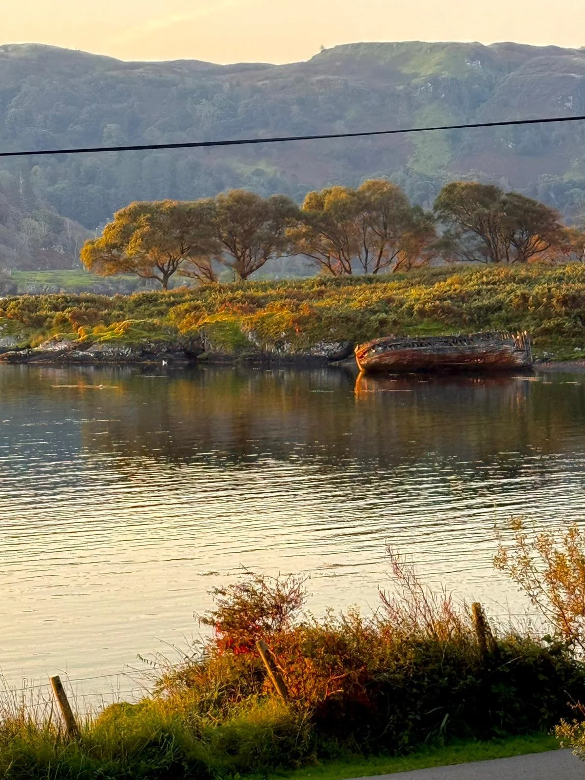 A tranquil river scene with trees on the riverbank, a partially submerged old boat, and mountains in the background during sunset.
