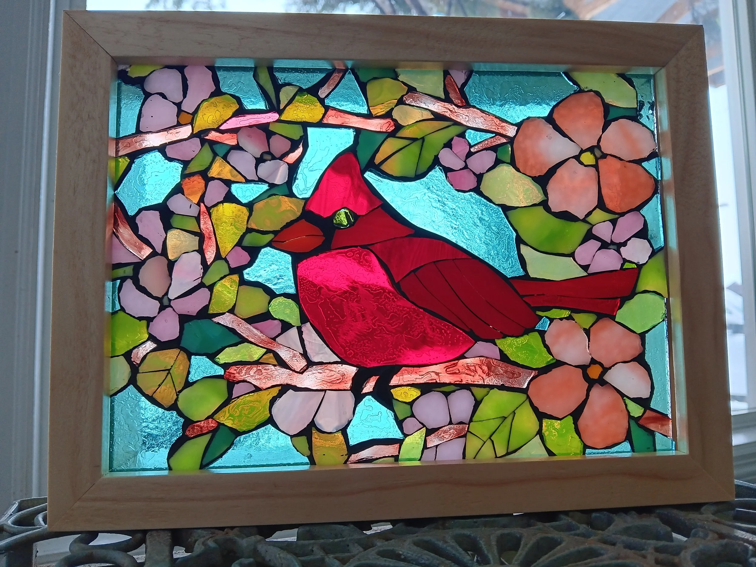 Cardinal in a cherry blossom tree Stained Glass Mosaic