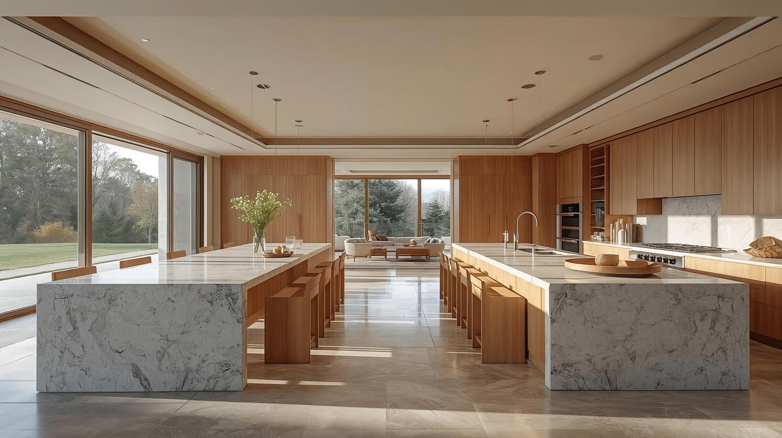 Modern open-concept kitchen with marble island, wooden cabinetry, and large windows overlooking a green outdoor area.