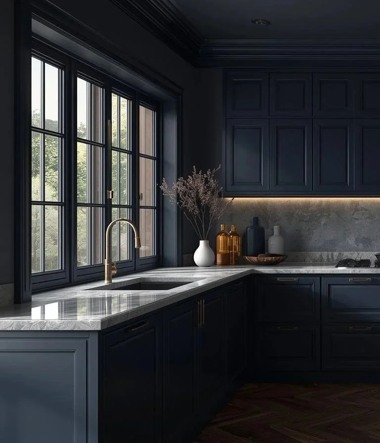 Dark blue kitchen with marble countertops, window with multiple panes, gold faucet, white and colored vases, and decorative jars.