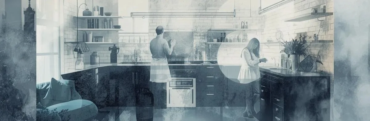 Two women in a modern kitchen, one preparing food at the stove and the other looking at her phone near the counter, with shelves and plants in the background.