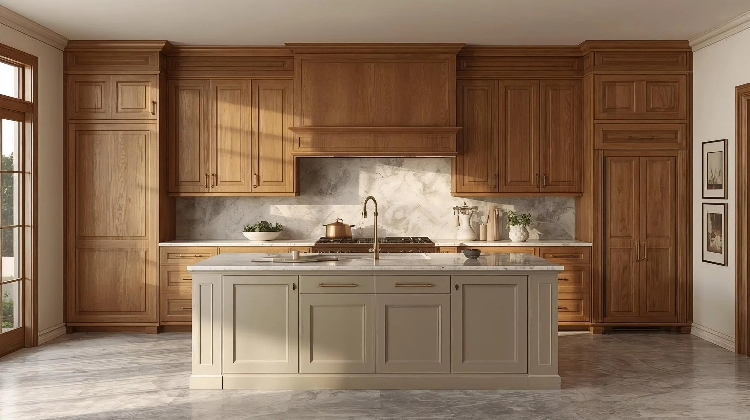Modern kitchen with wooden cabinets, white marble backsplash, and an island with a sink.