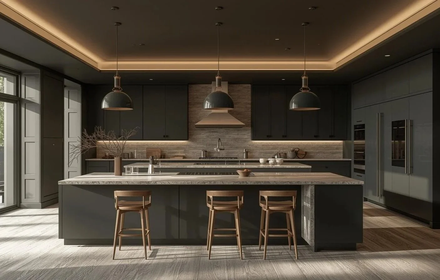 A modern kitchen with dark cabinetry, a large island with a marble countertop, three wooden barstools, pendant lights, and a gray backsplash with horizontal panels.