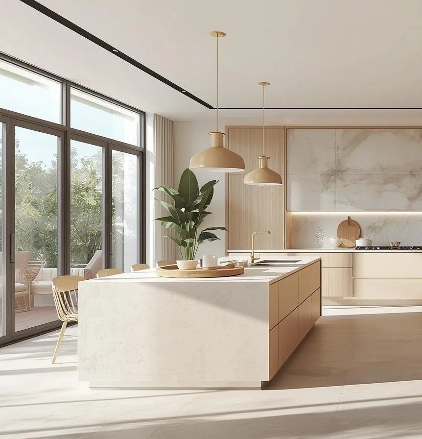 Modern minimalist kitchen with large windows, light wood cabinetry, a white island, and hanging pendant lights, with outdoor seating visible through glass doors.
