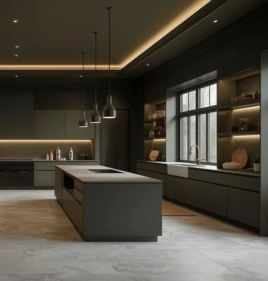 Modern kitchen with dark cabinetry, island with an induction cooktop, pendant lights, large window, and open shelving with decorative items.