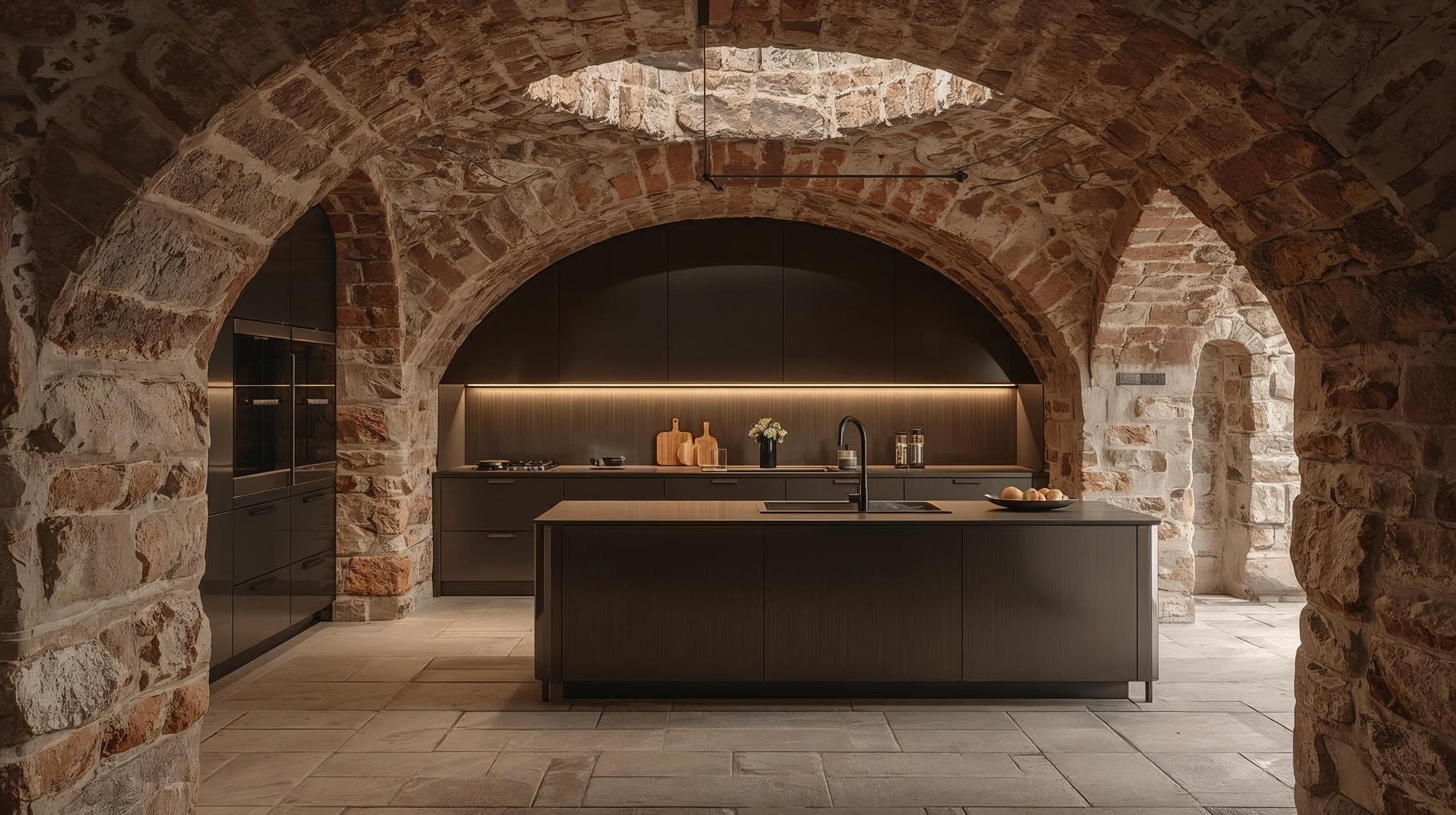 Modern kitchen with exposed brick arched walls, dark cabinetry, and a large island with a sink, illuminated by under-cabinet lighting.