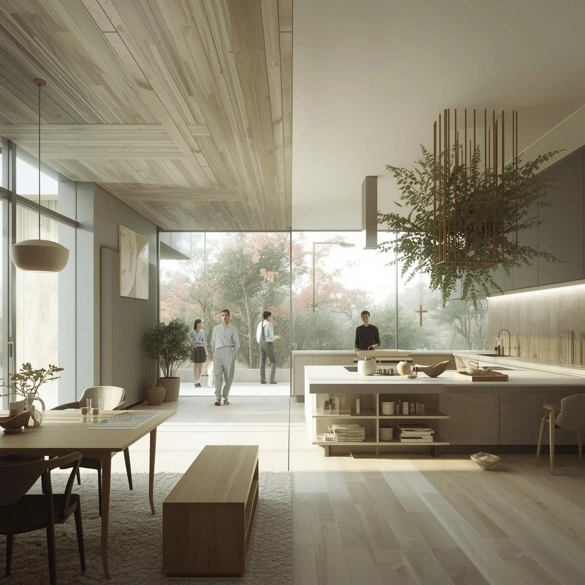 Modern interior of a restaurant or café with wooden ceiling and floor, large glass windows showing trees outside, and several people inside and outside