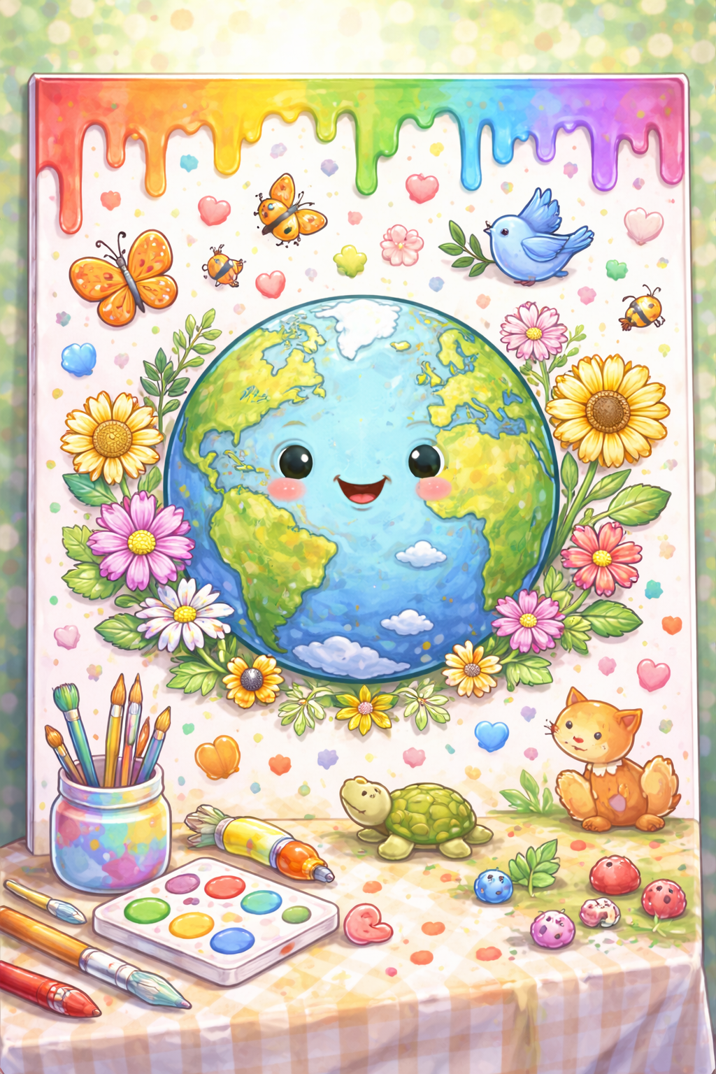 Colorful, cartoon-style illustration of the Earth with a smiling face, surrounded by flowers, cute animals including a blue bird, a cat, a turtle, and bees, with art supplies and paint on a table.