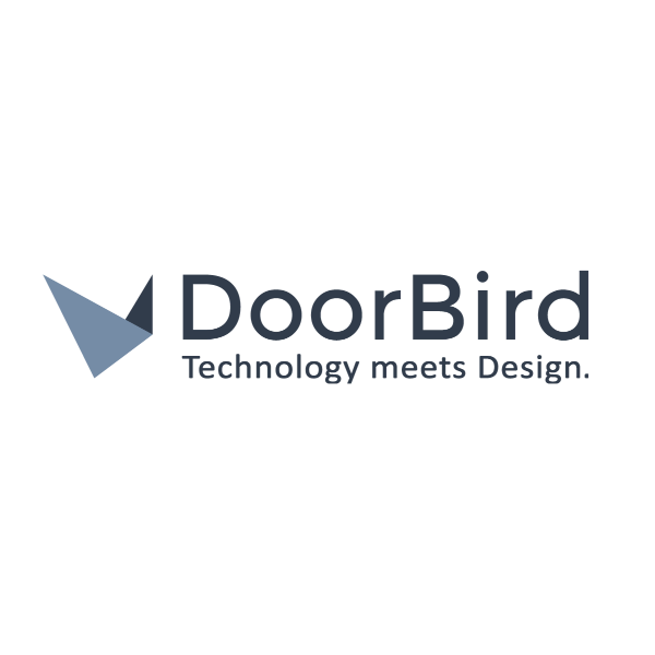 Logo for DoorBird with a stylized birdhouse icon and the tagline 'Technology meets Design.'