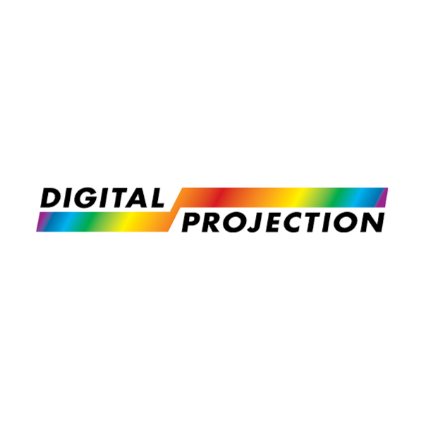Digital Projection logo with a rainbow-colored gradient line underneath the text.