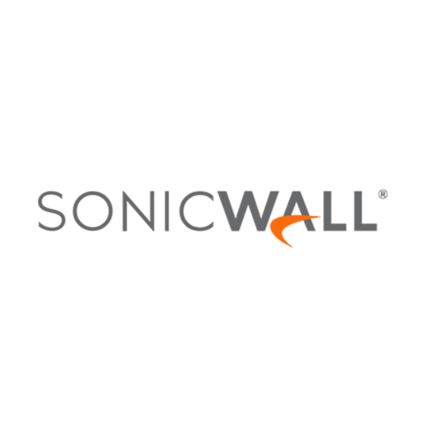 SonicWall logo with black background, stylized black and gray text, orange curved line, and registered trademark symbol.