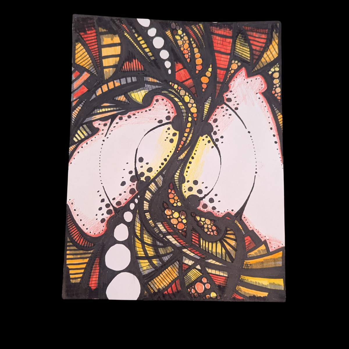 Abstract artwork with black, yellow, red, and pink patterns and dots on a rectangular canvas.