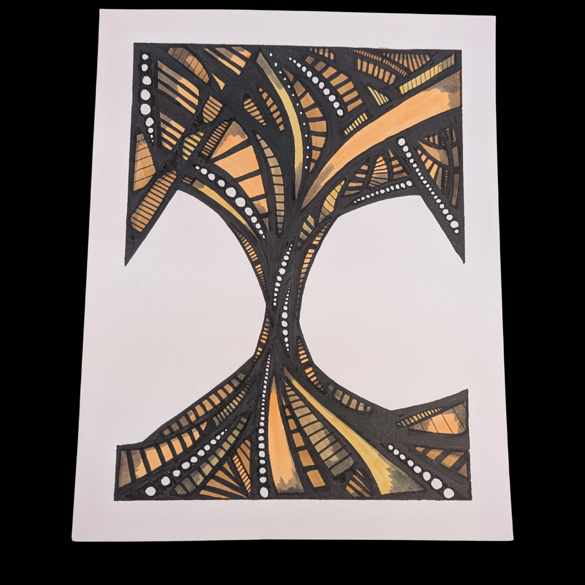 Abstract black and orange geometric pattern on a white rectangular paper with curved lines and dotted details.