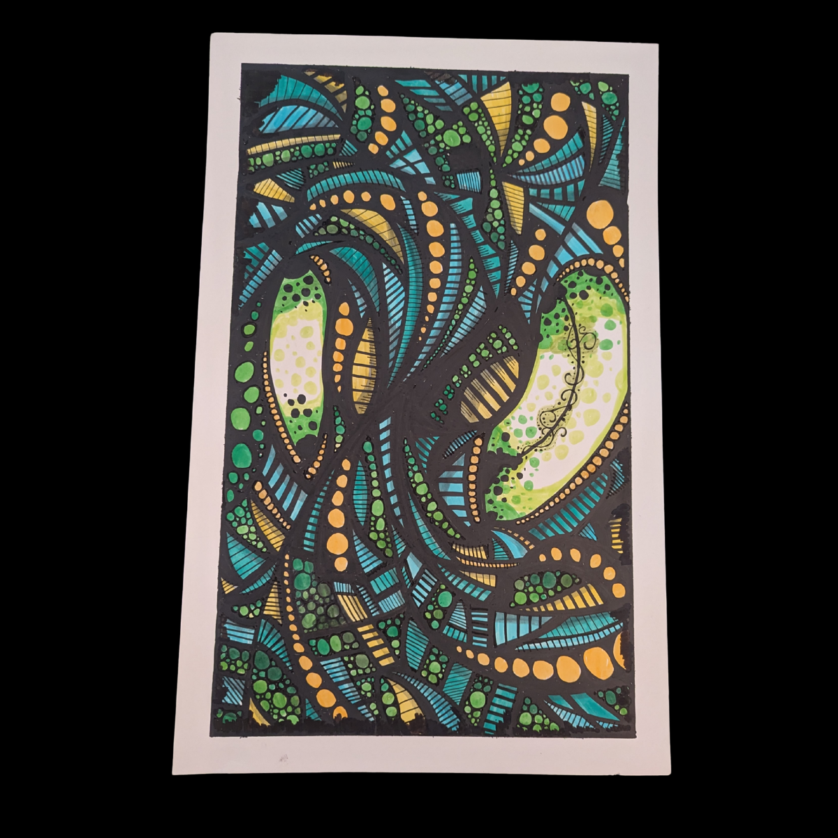 Colorful abstract artwork with black outlines, blue, green, and yellow shapes, and dotted patterns.