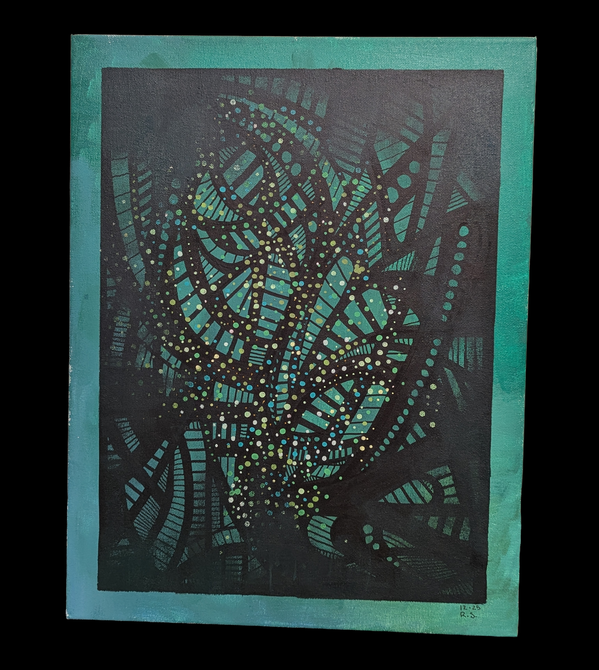 Abstract painting of a stylized owl with geometric patterns and dots in shades of green, yellow, and black, framed with a teal border.