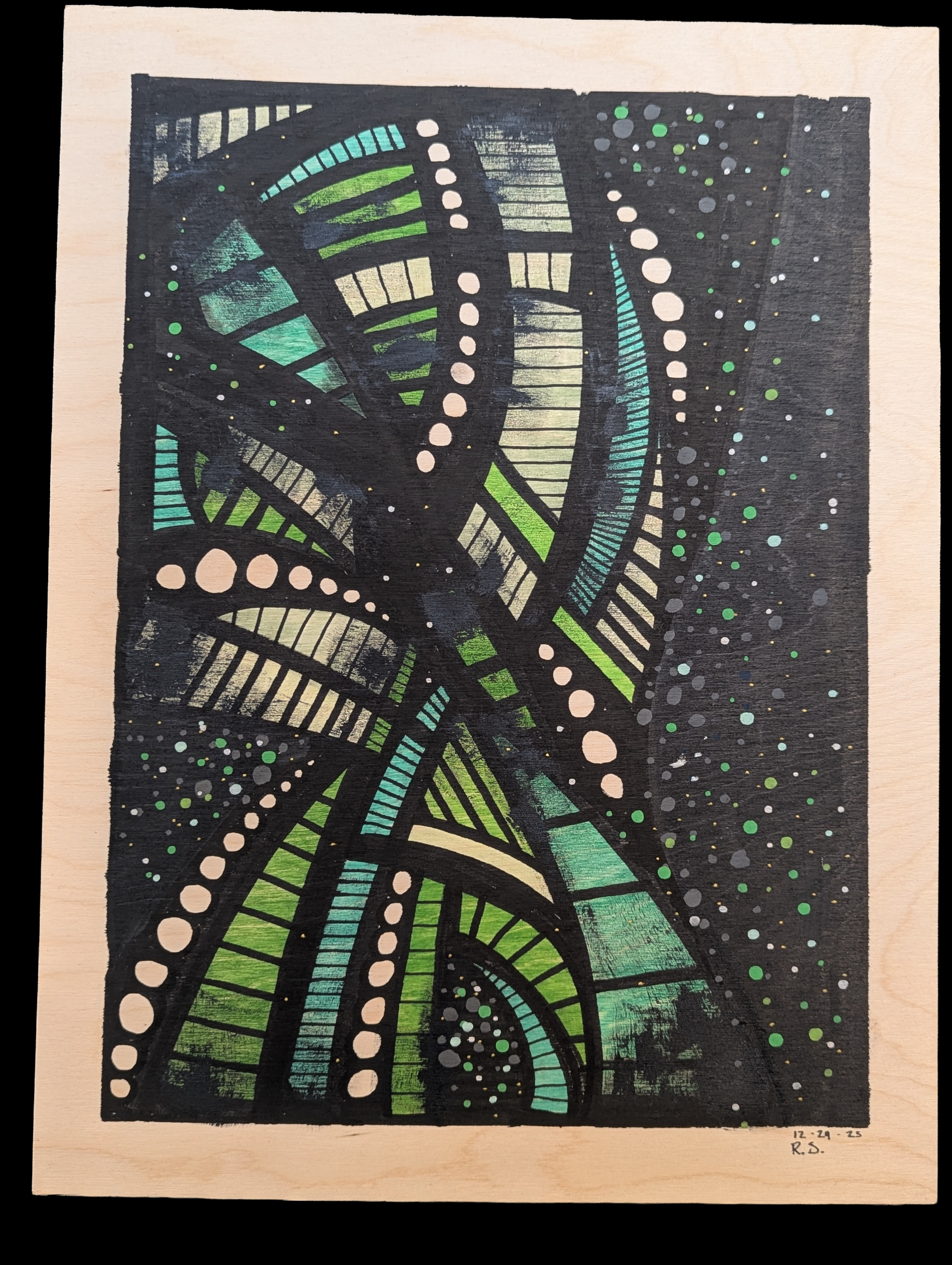Abstract painting with curved lines, dots, and patches of green, blue, beige, and black on a beige background.
