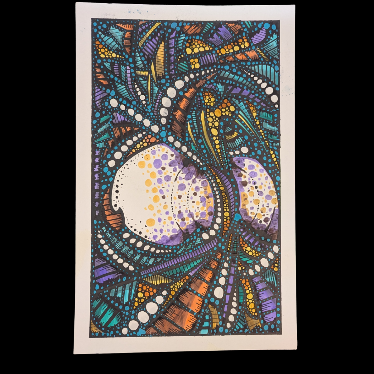 Colorful abstract artwork featuring a butterfly with symmetrical patterns in purple, orange, yellow, blue, and white dotted accents.