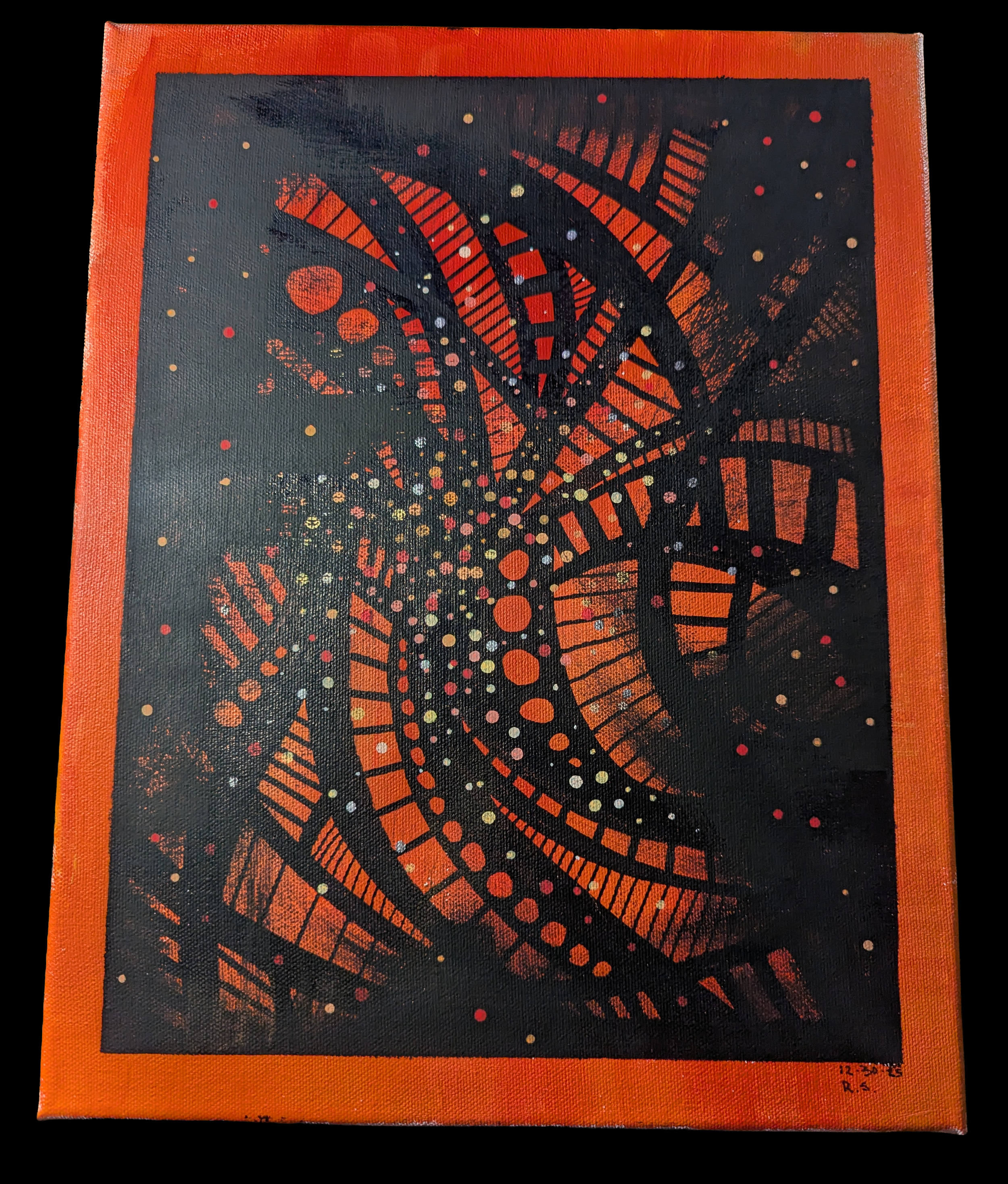 Abstract black and orange geometric painting with circular and angular patterns on a black background, framed with orange border.