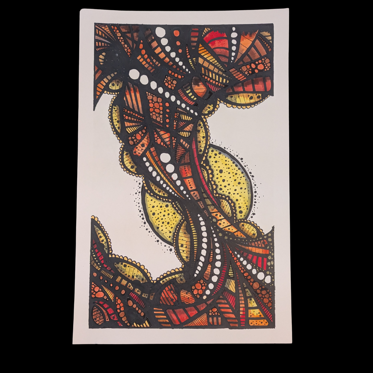 Abstract geometric artwork of a butterfly with orange, yellow, black, and red patterns on white background.