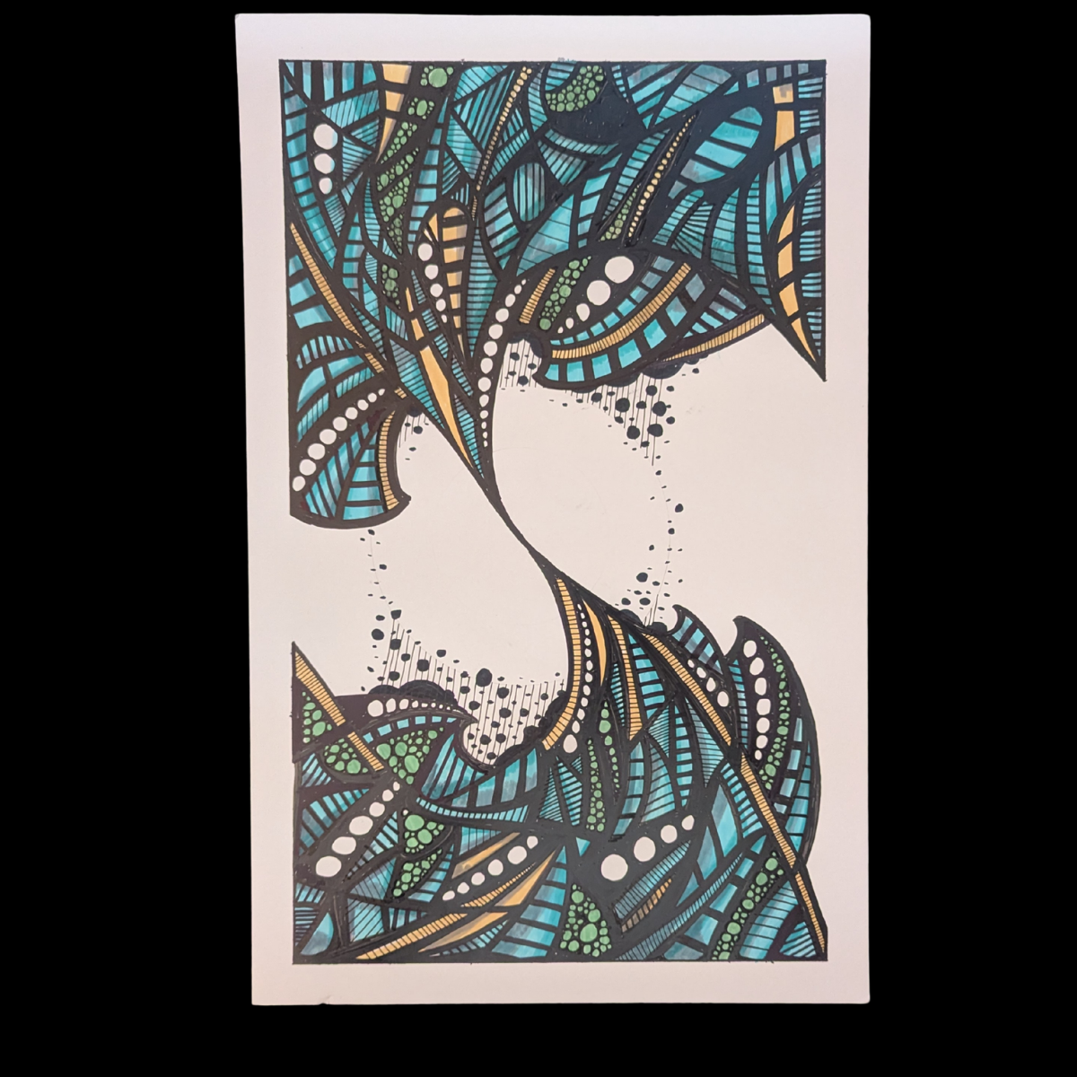 A detailed abstract line art drawing of a woman's face with geometric patterns and colorful decorative elements in shades of blue, green, black, and gold.