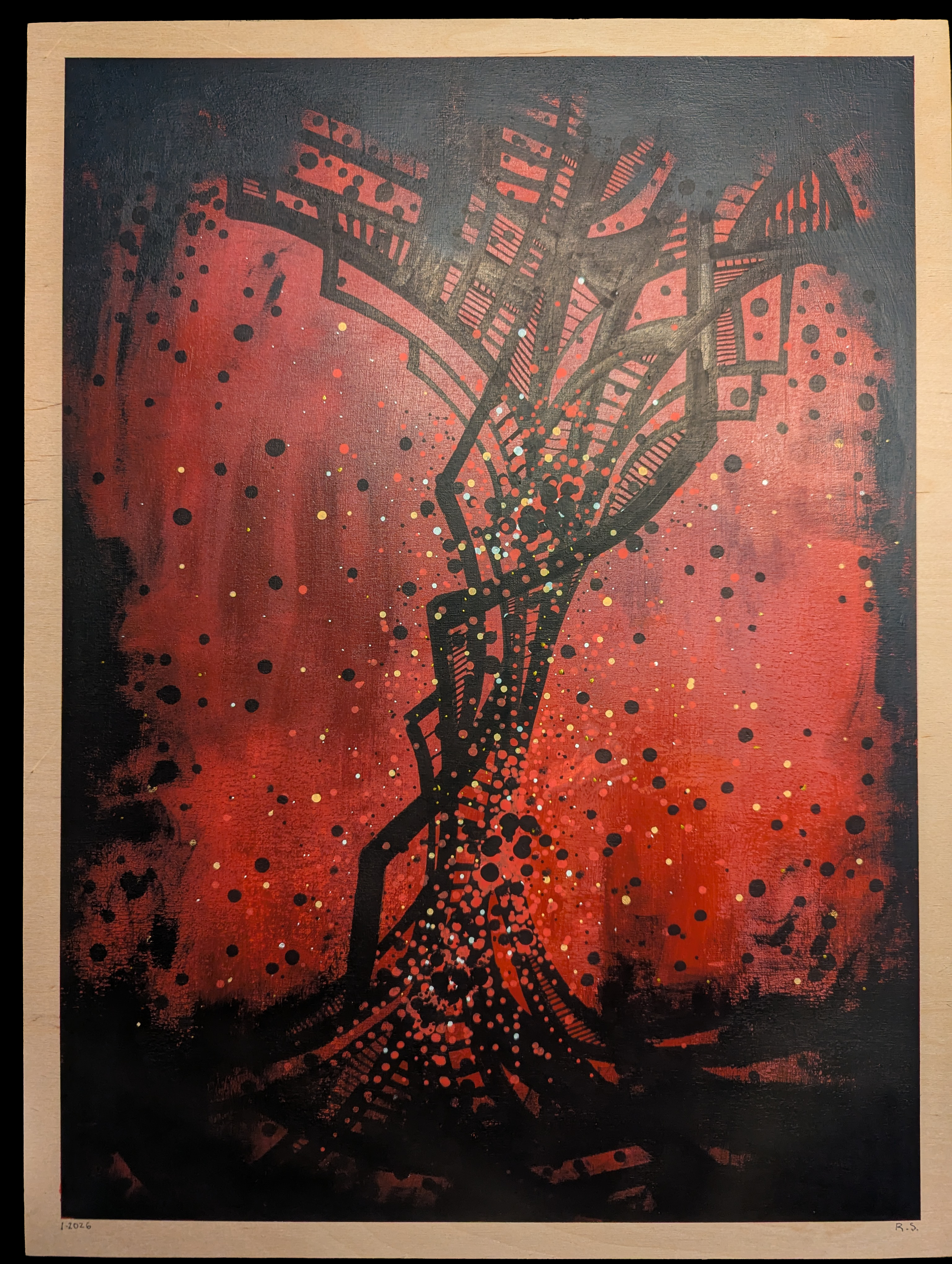 Abstract artwork of a human hand with circuit-like patterns, in black, against a red and black textured background.