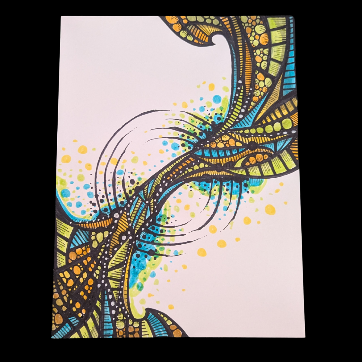 Colorful abstract butterfly design with vibrant yellow, green, blue, and black patterns on white background.