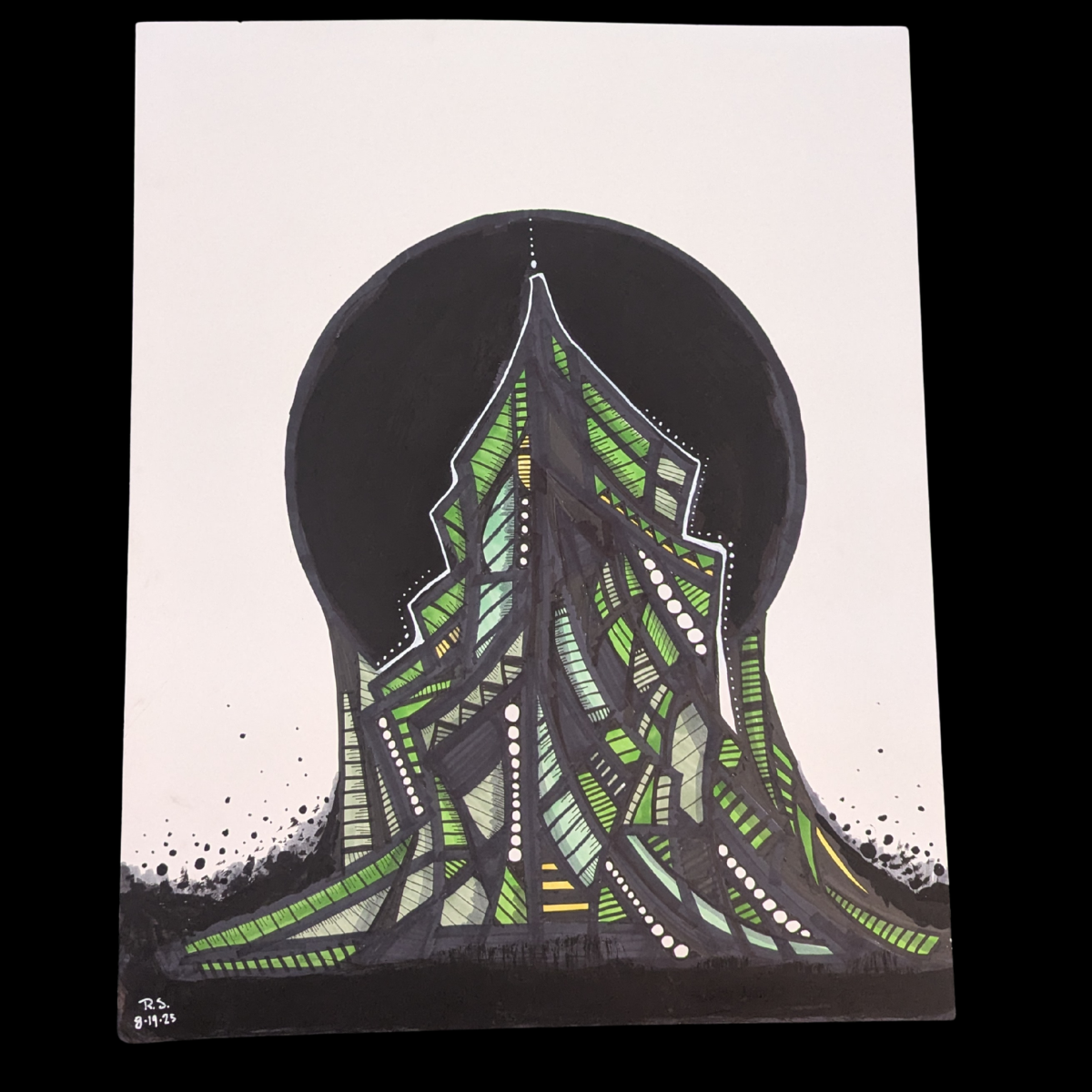 Illustration of a human head silhouette filled with a complex, abstract pattern of green, yellow, and gray lines and shapes resembling a cityscape or maze, with white dots and lines accentuating the design.