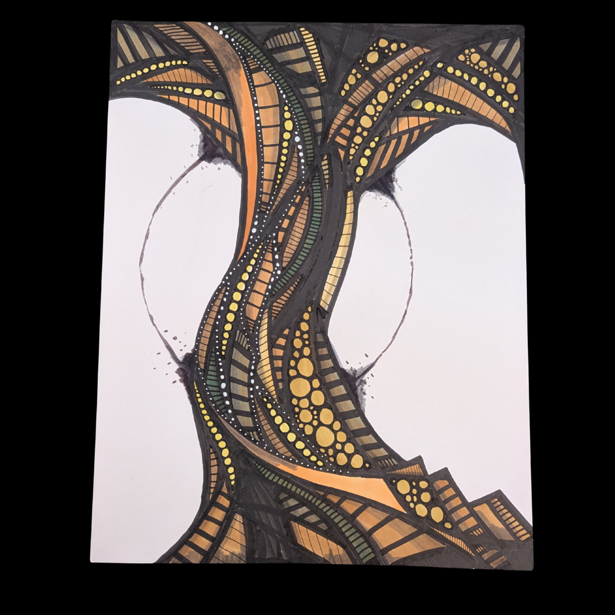 Abstract artistic illustration of a woman with an intricate, flowing hairstyle composed of geometric patterns, lines, and dots in shades of black, gold, green, and orange.