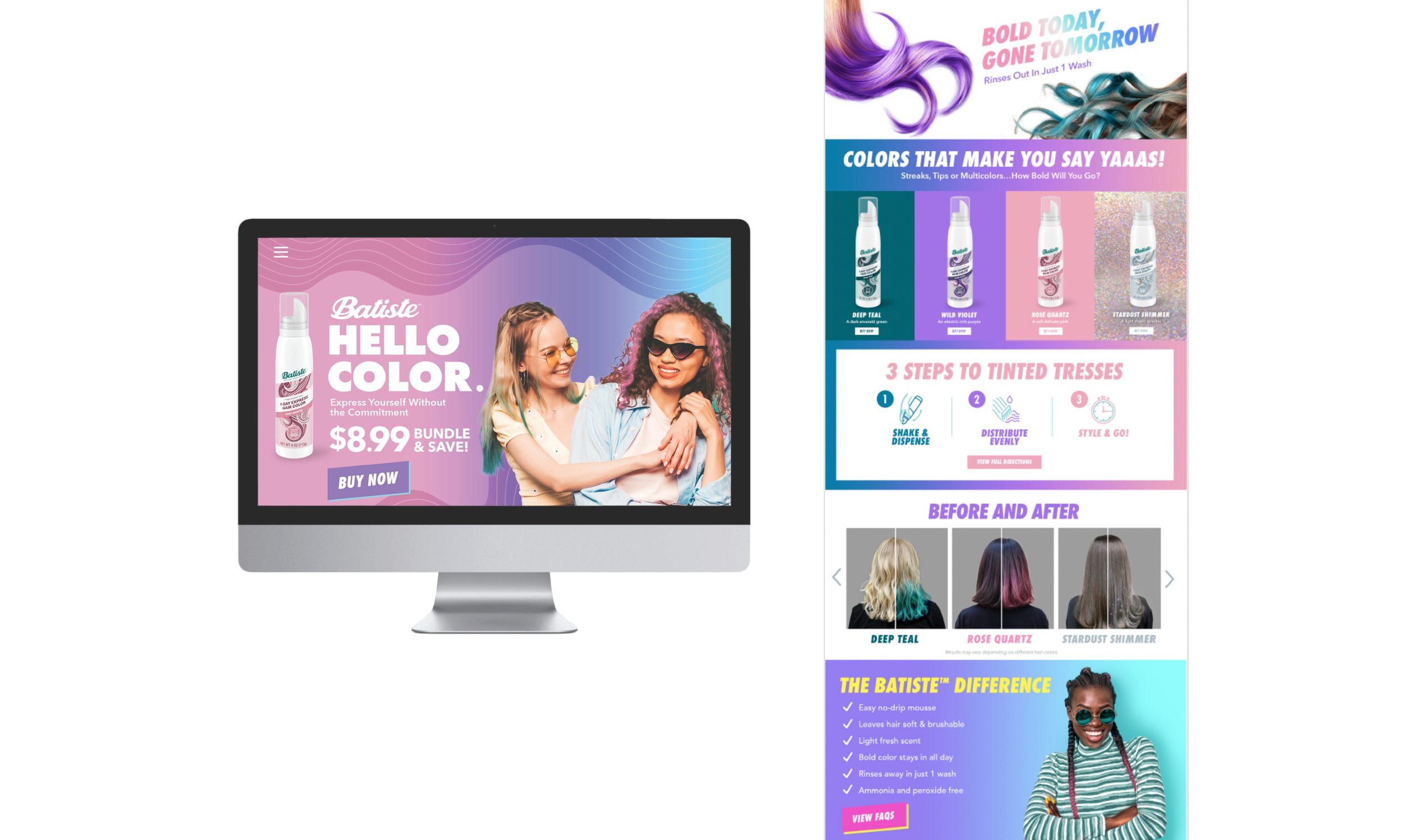 Website featuring fun, playful design highlighting the bold colors of Batiste's express color mousses. 