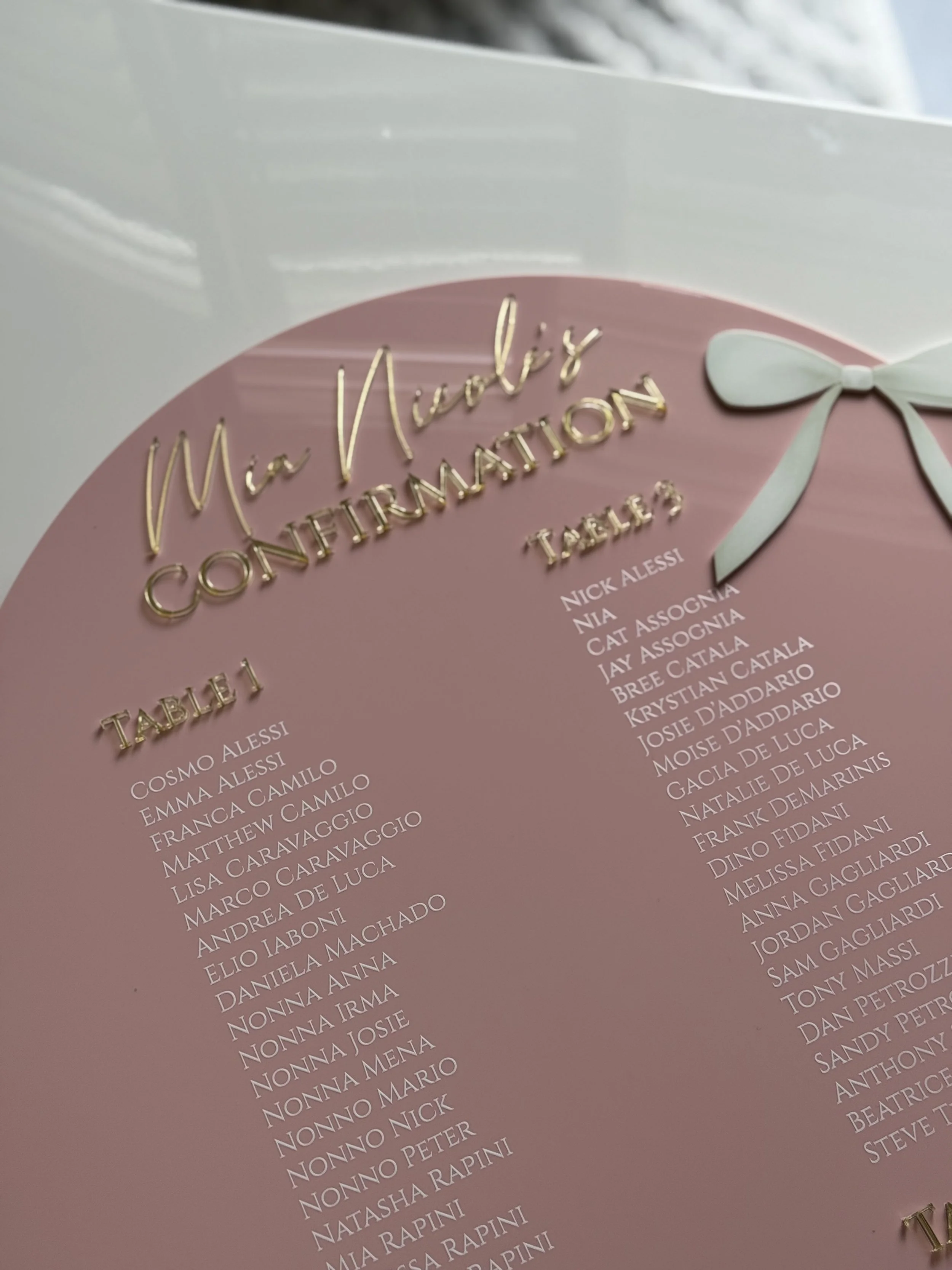 Pink and white conference table sign with gold lettering and a light blue bow, listing names for a Ma Niche's conference.