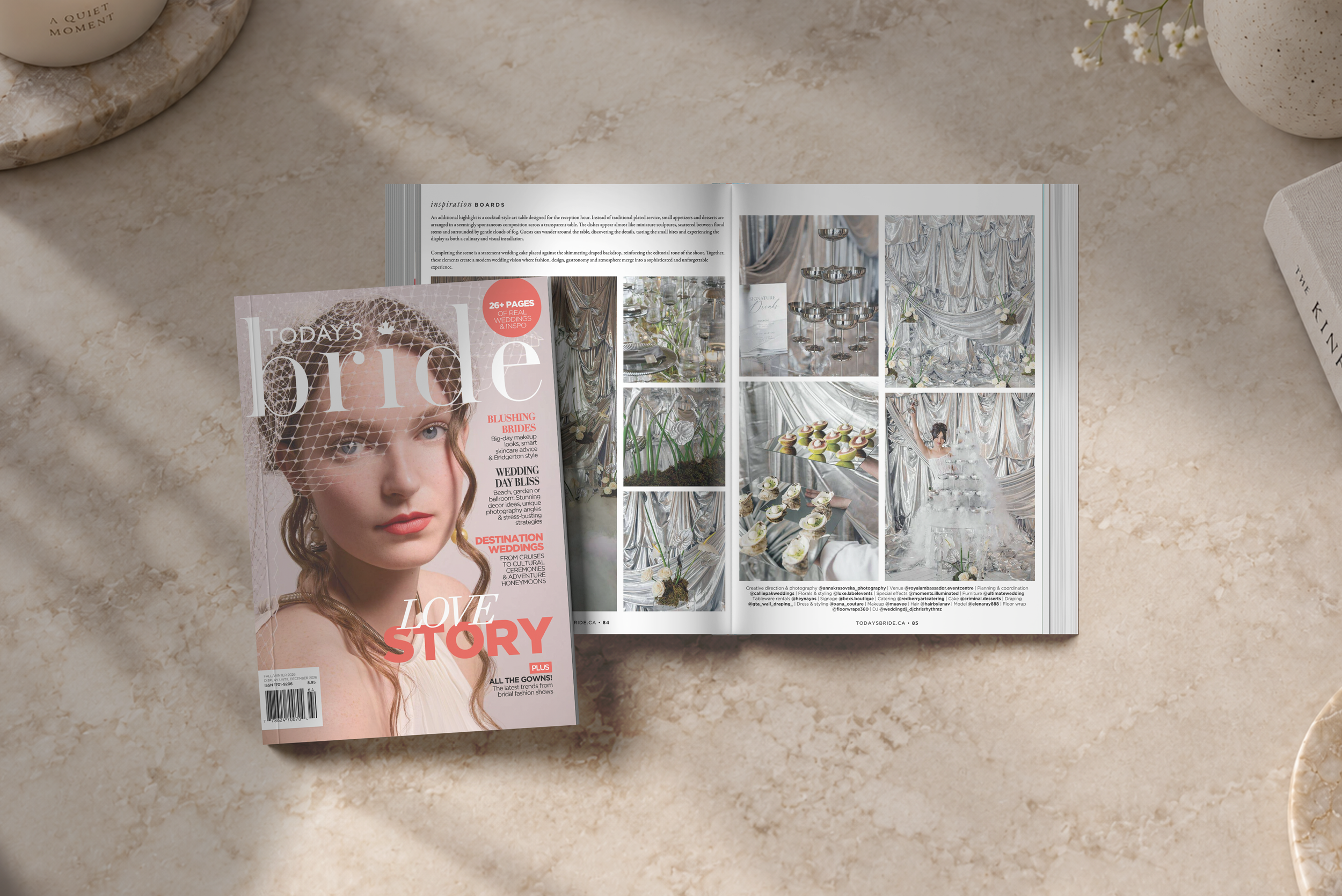 Top view of an open magazine laying on a marble surface, featuring wedding decoration images on the right page and a cover with a woman's face and the title 'Today's Bride' on the left.